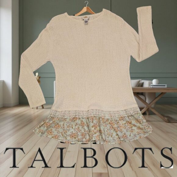 Talbots Cream Knit Sweater Floral Ruffle Hem Top Long Sleeve Feminine Chic XL EC - Picture 6 of 6